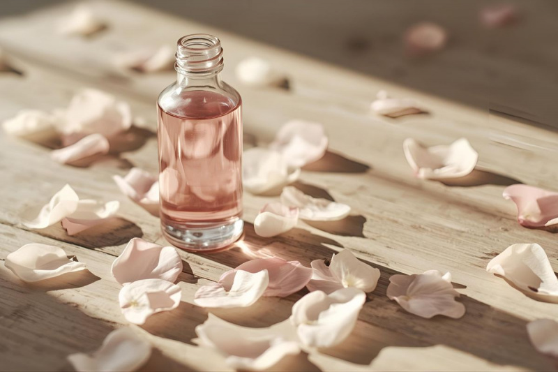 Sticluță cu apă de trandafiri folosită ca tonic natural pentru ten