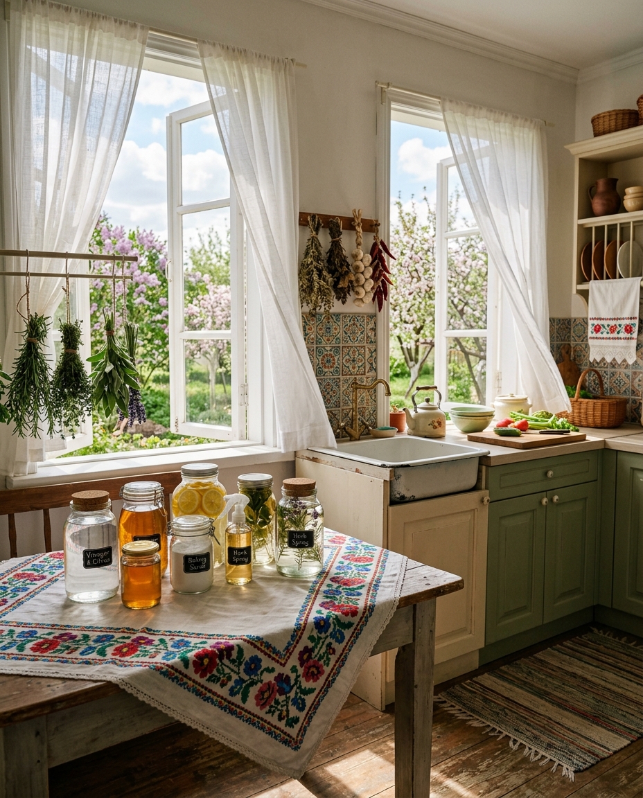 Bucătărie vintage cu ferestre deschise în primăvară - curățenie naturală tradițională