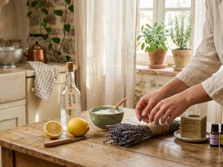 Ingrediente naturale pentru curățenie de primăvară - oțet, lămâie, bicarbonat, lavandă pe masă de lemn