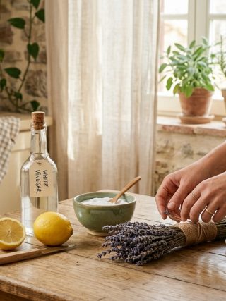 Ingrediente naturale pentru curățenie de primăvară - oțet, lămâie, bicarbonat, lavandă pe masă de lemn
