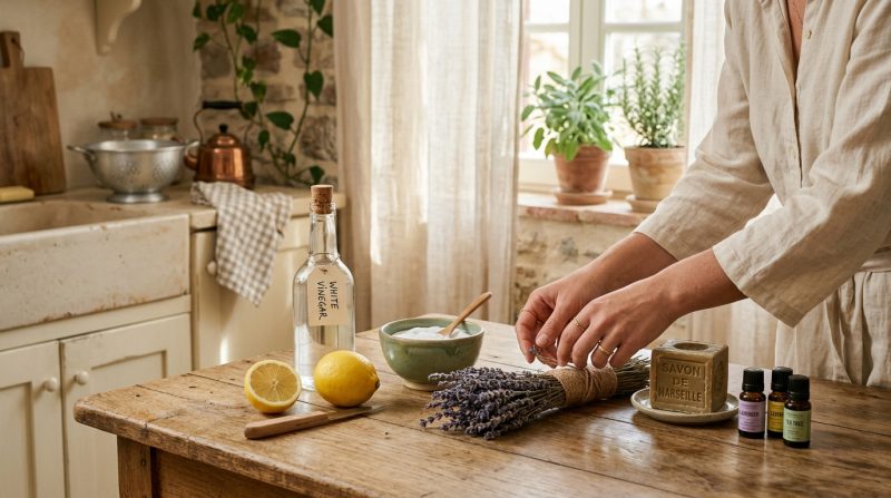 Ingrediente naturale pentru curățenie de primăvară - oțet, lămâie, bicarbonat, lavandă pe masă de lemn