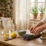 Ingrediente naturale pentru curățenie de primăvară - oțet, lămâie, bicarbonat, lavandă pe masă de lemn