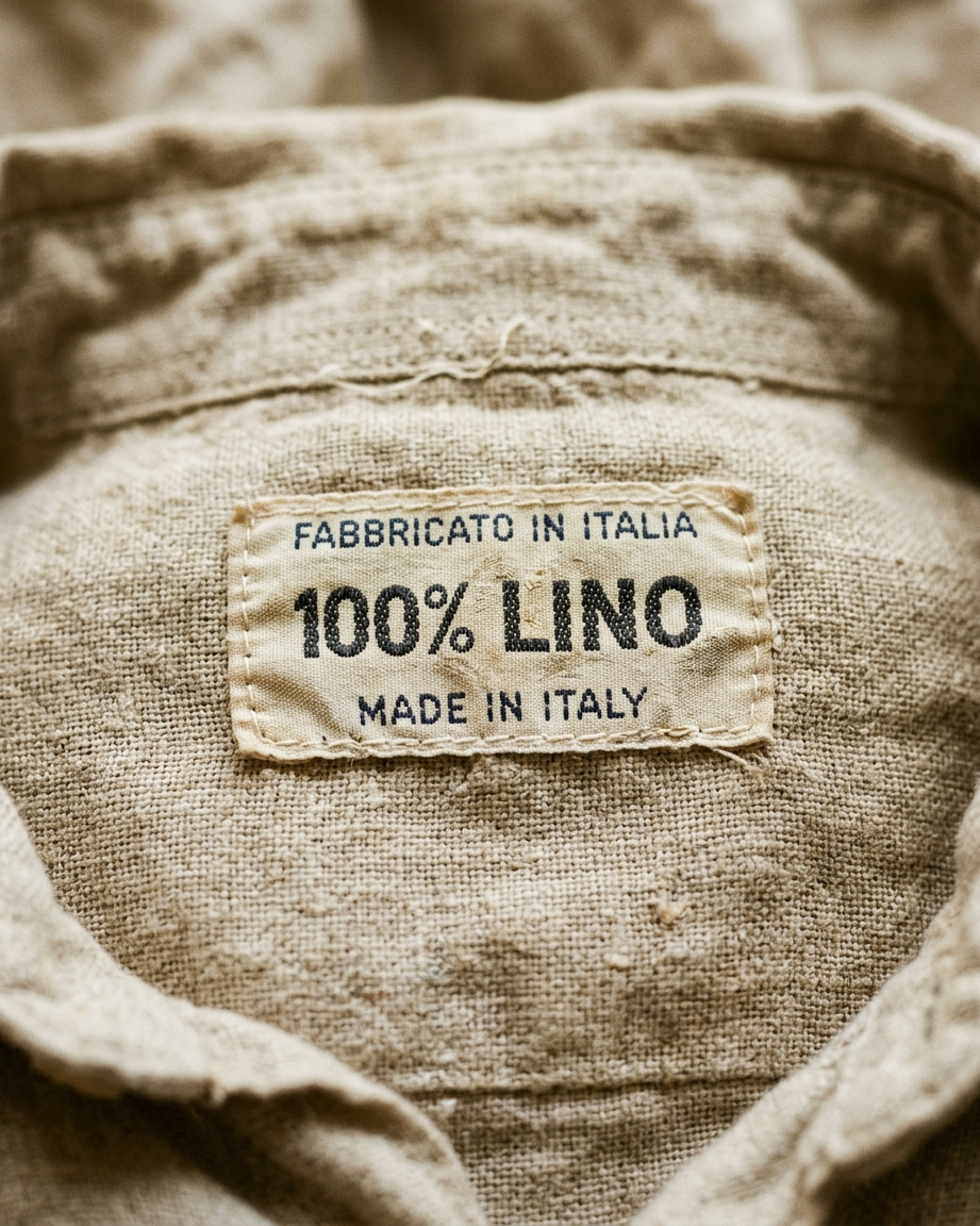 Etichetă vintage 100% Lino Made in Italy — detaliu cusătură pe țesătură naturală de in