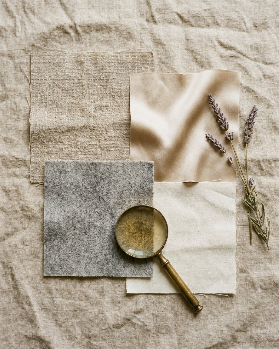 Comparație țesături naturale vintage: in, mătase, lână și bumbac — mostre pe fundal de in