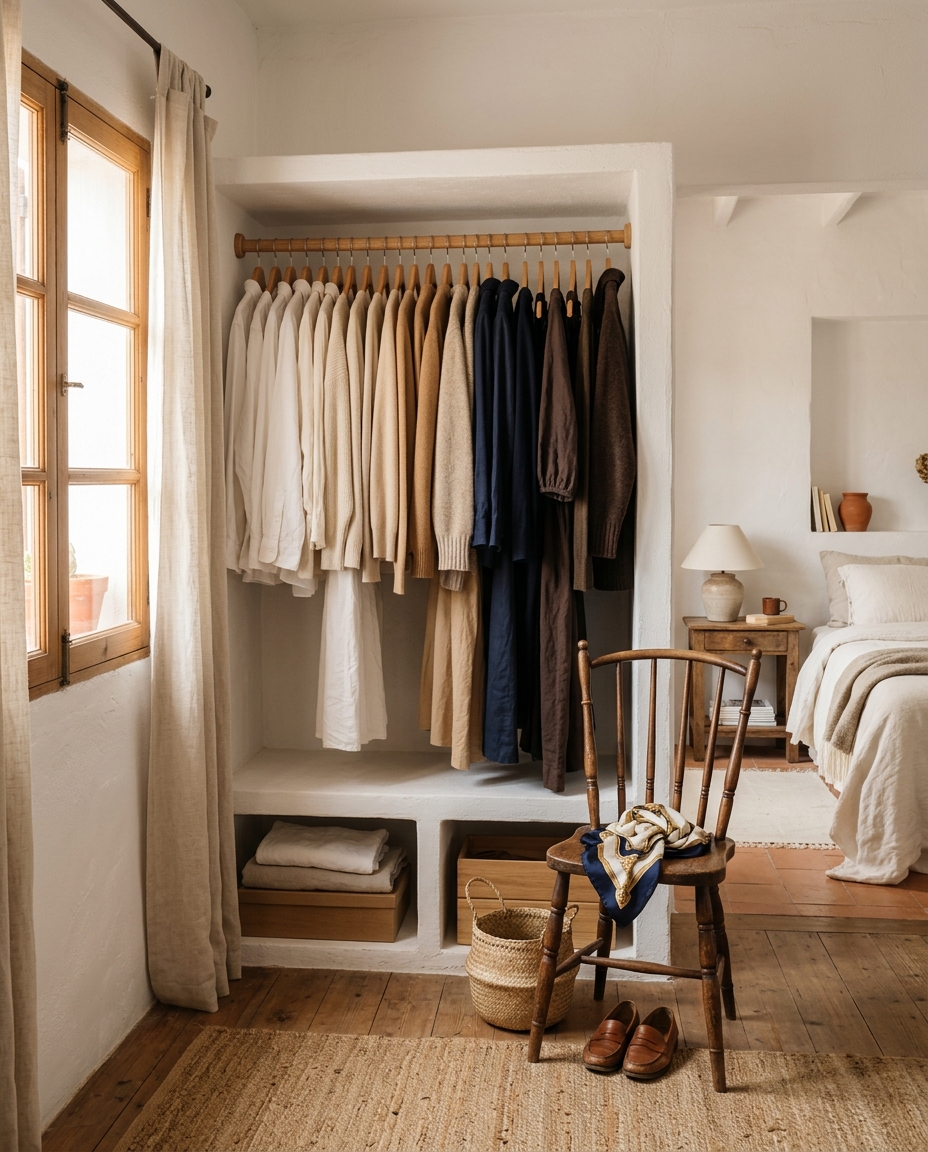 Garderob capsulă vintage organizat pe culori - dulap mediteranean cu haine vintage pe umerașe de lemn