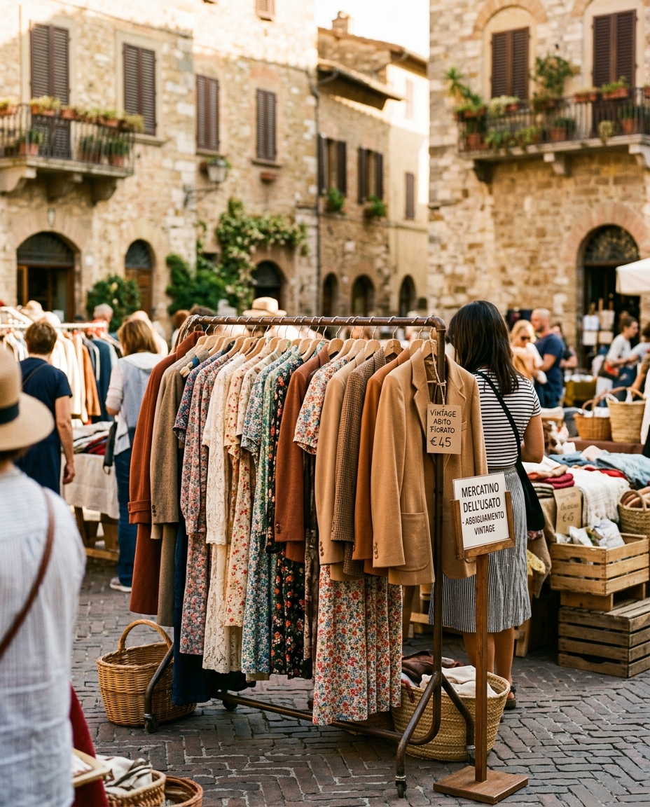 Mercatino vintage italian într-o piazza mediteraneană cu rack-uri de haine vintage în culori calde