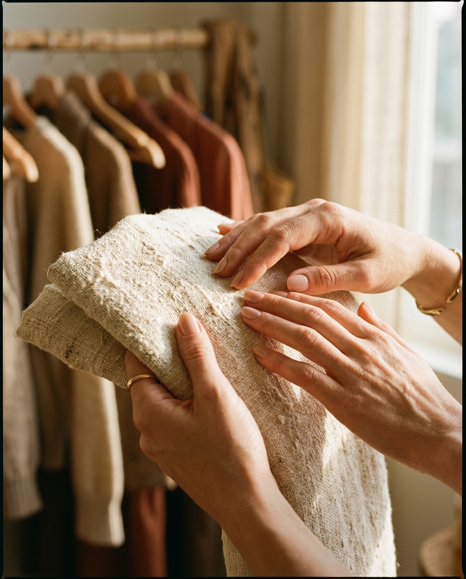 Mâini atingând textura unui material vintage din in natural - detaliu cu fibra naturală