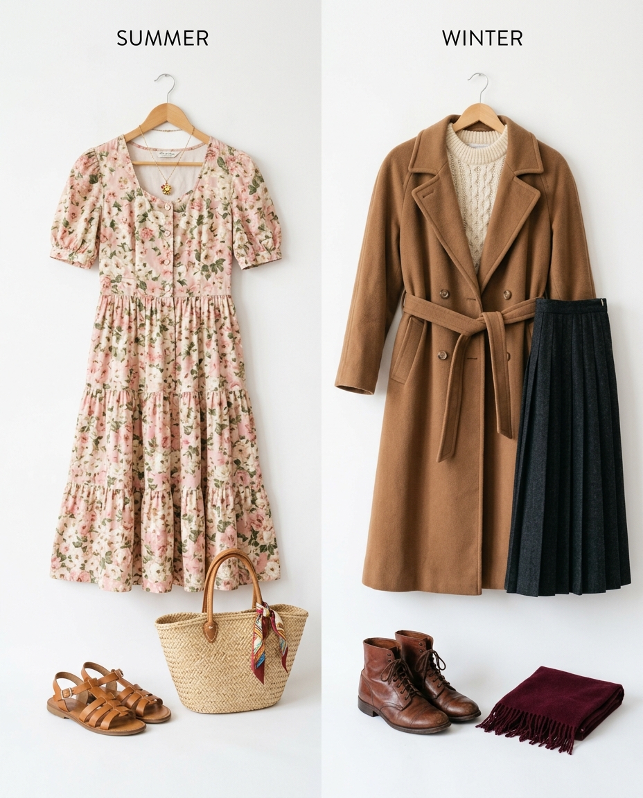 Două ținute vintage complete - outfit de vară cu rochie florală și outfit de iarnă cu palton camel