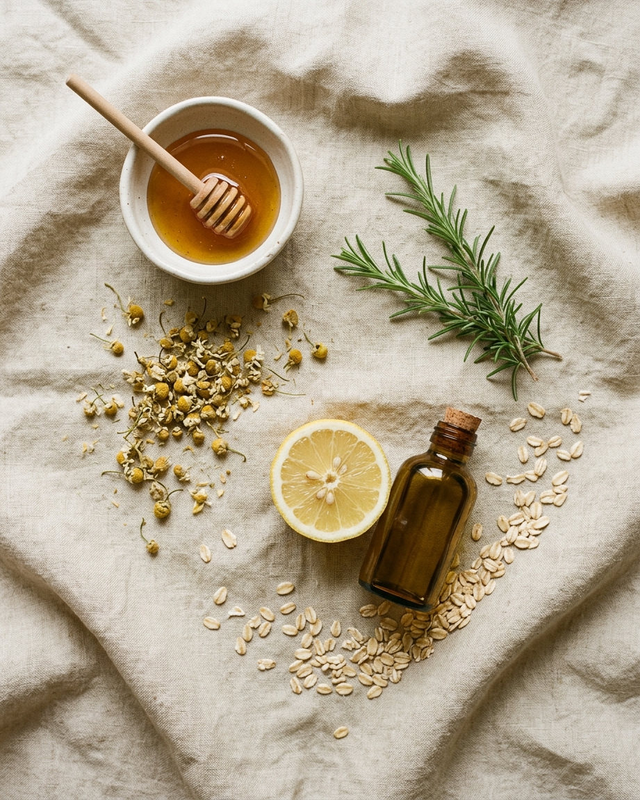 Ingrediente naturale de frumusețe: miere, mușețel, lămâie, ulei de măsline și ovăz pe fundal de in natural