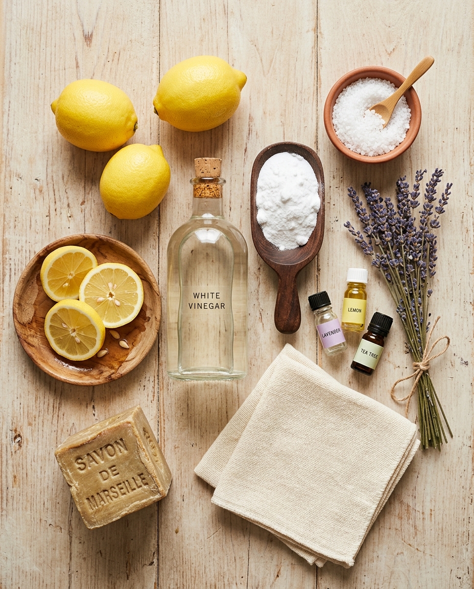 Ingrediente naturale pentru curățenie - oțet, bicarbonat, lămâie, săpun de Marsilia, lavandă