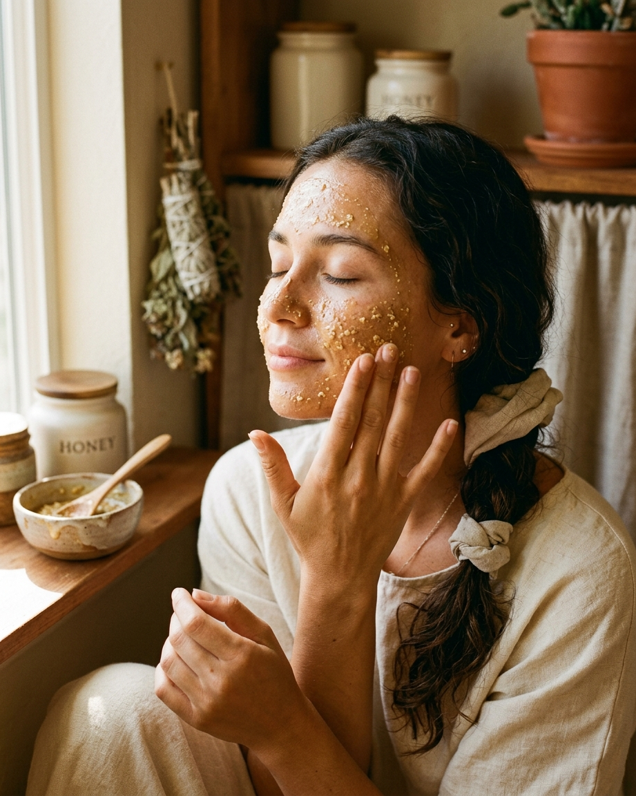 Femeie aplicând mască naturală de miere și ovăz pe față — ritual ancestral de frumusețe