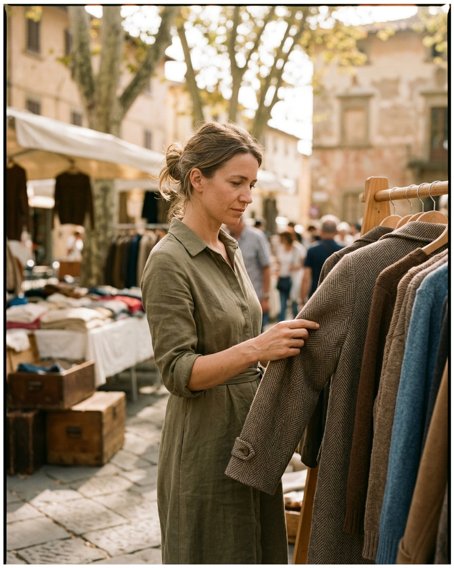 Femeie la mercatino vintage în Italia examinând un palton de lână — cumpărături second-hand inteligente