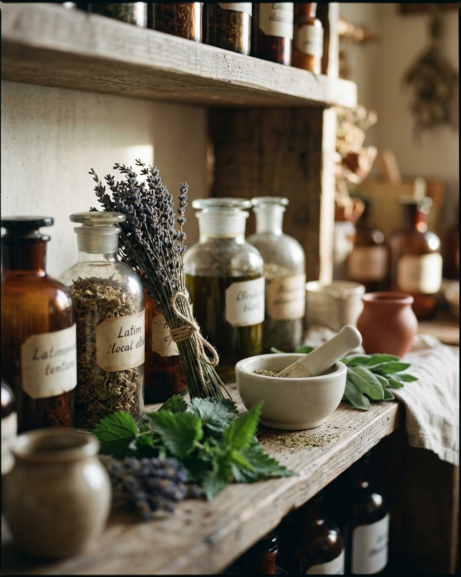 Raft cu borcane vintage de plante medicinale, lavandă uscată și mojar ceramic — farmacie naturală ancestrală