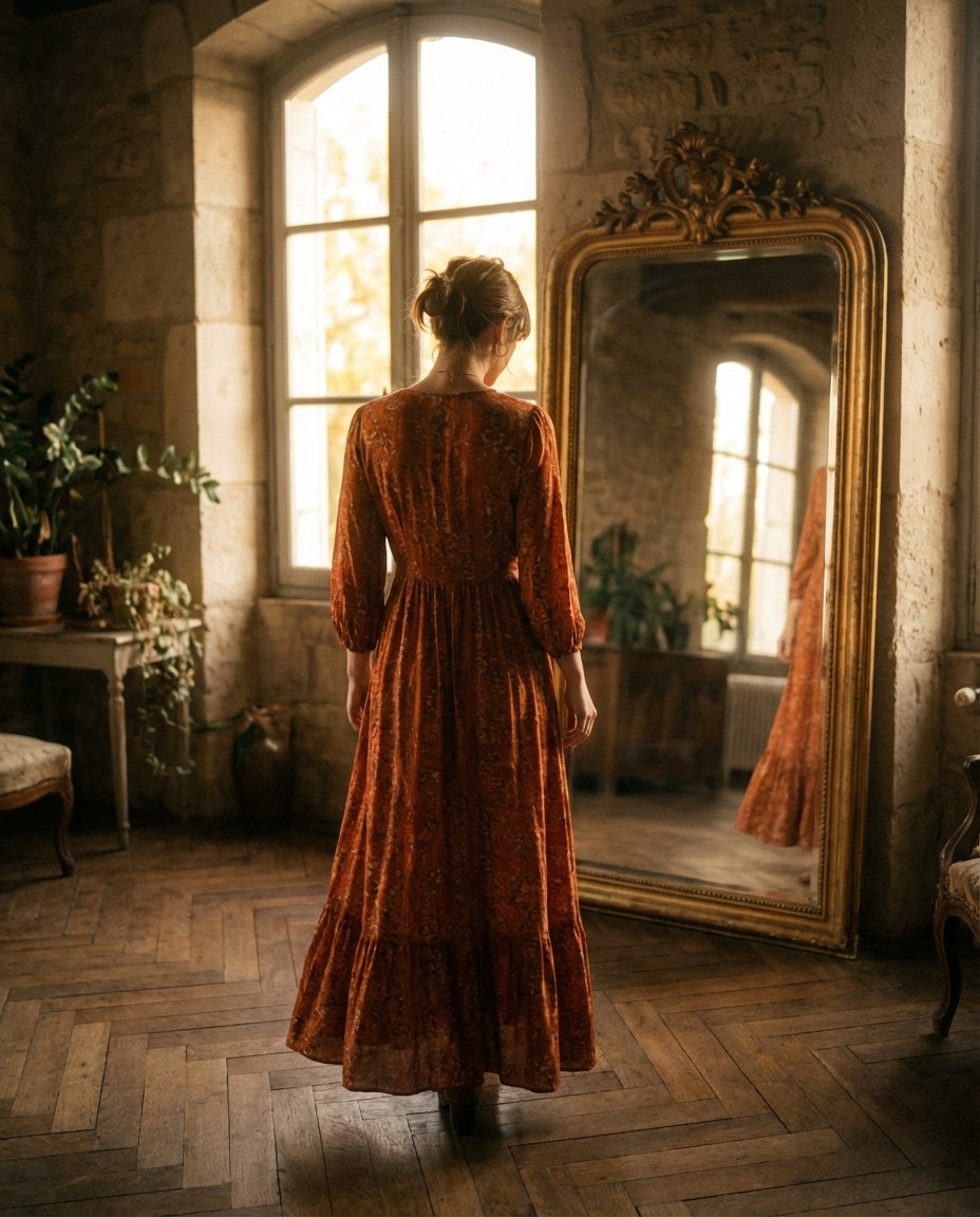 Femeie în rochie vintage privind în oglindă într-un interior cald