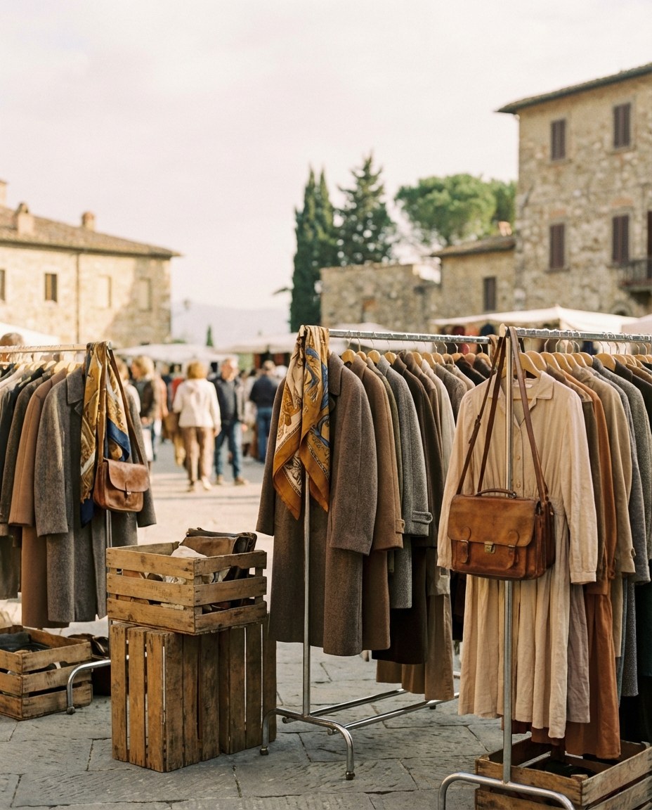 Scenă la un mercatino italian cu haine vintage expuse