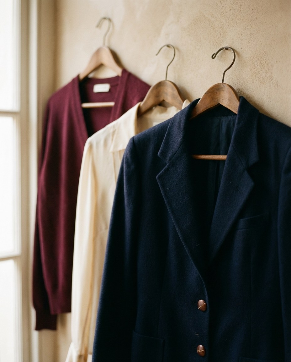 Haine vintage de calitate pe umeraș de lemn cu detalii textile