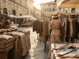 Panoramică a unui mercatino vintage italian cu haine și accesorii