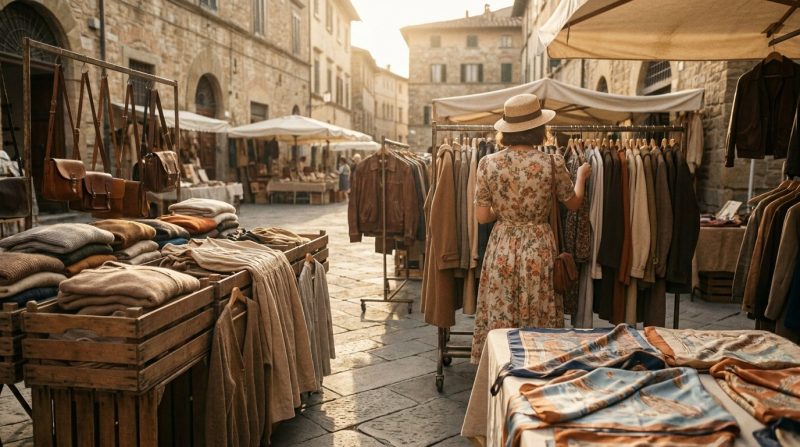 Panoramică a unui mercatino vintage italian cu haine și accesorii