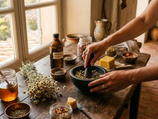 Cosmetice naturale preparate in bucatarie mediteraneana, ingrediente pe masa de lemn