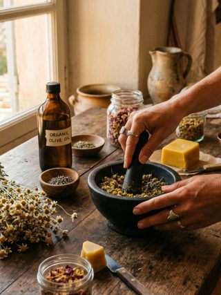 Cosmetice naturale preparate in bucatarie mediteraneana, ingrediente pe masa de lemn