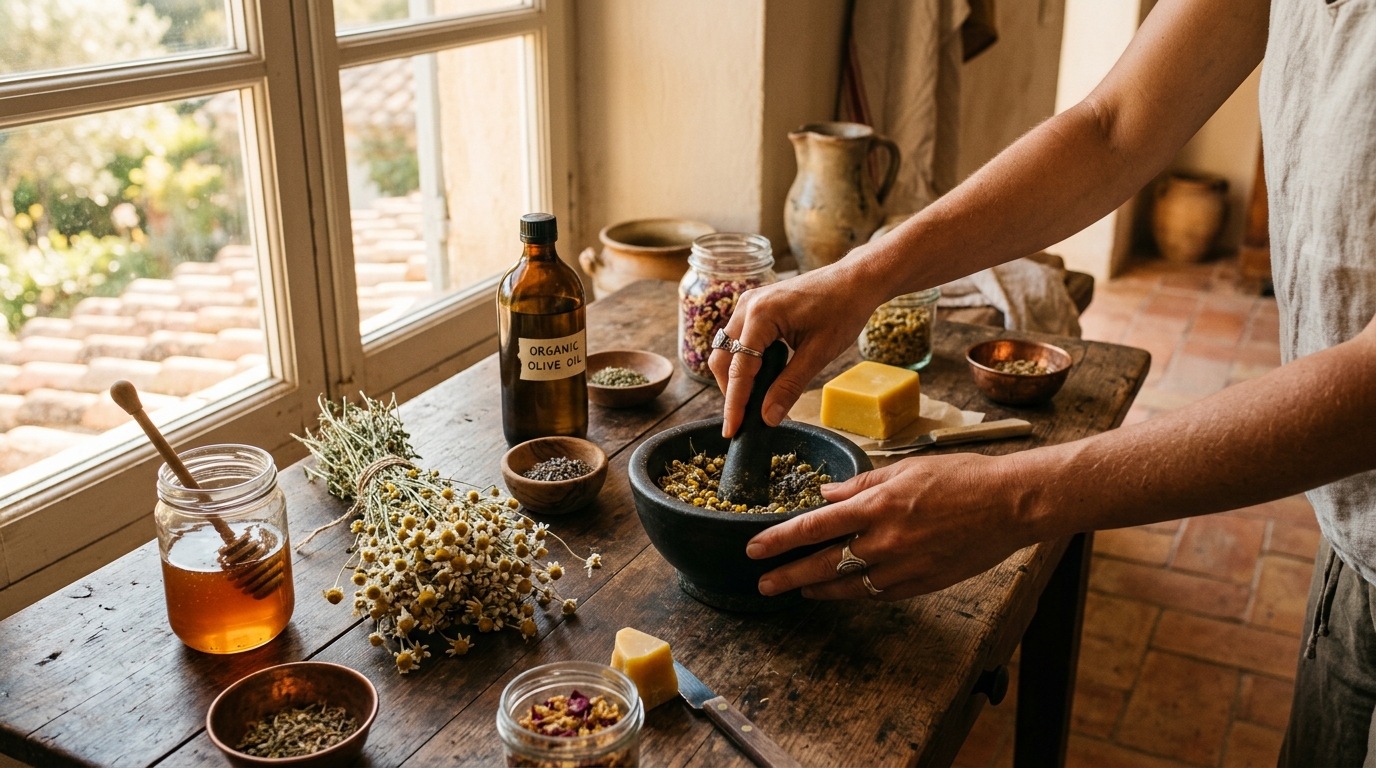 Cosmetice naturale preparate in bucatarie mediteraneana, ingrediente pe masa de lemn