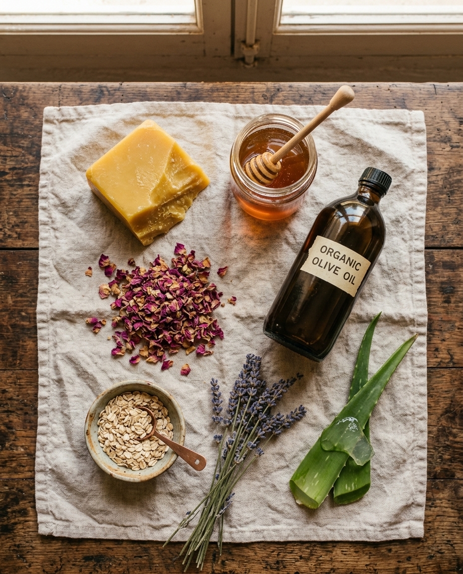Ingrediente cosmetice naturale pe panza de in: ceara de albine, lavanda, miere, ulei de masline, petale de trandafir, fulgi de ovaz, frunza de aloe vera