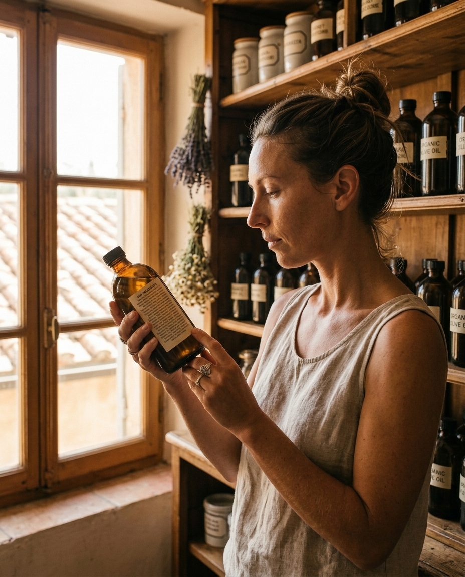 Femeie citind eticheta unui produs cosmetic intr-o erboristerie, lumina naturala