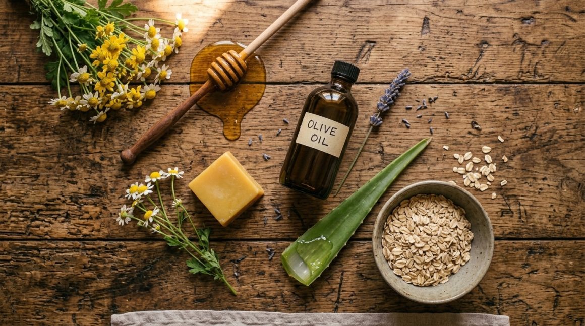 Ingrediente naturale pentru piele aranjate pe suprafata de lemn rustic