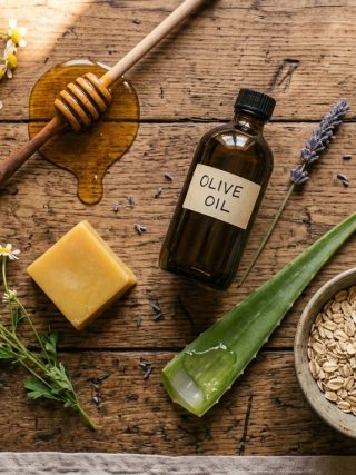 Ingrediente naturale pentru piele aranjate pe suprafata de lemn rustic