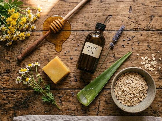 Ingrediente naturale pentru piele aranjate pe suprafata de lemn rustic