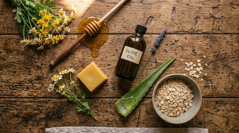 Ingrediente naturale pentru piele aranjate pe suprafata de lemn rustic