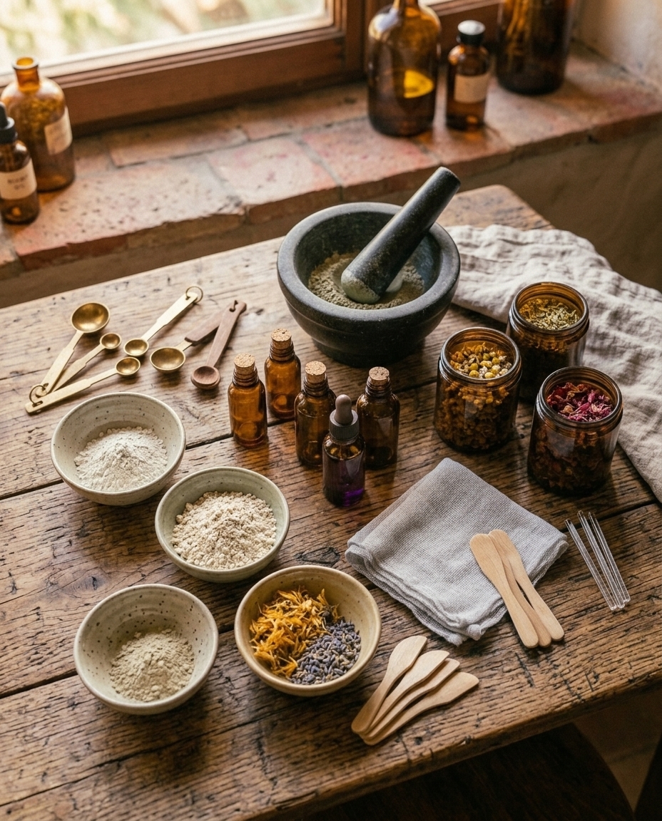Ingrediente de baza pentru cosmetice DIY pe masa de lemn: miere, ovaz, ulei de cocos, argila verde