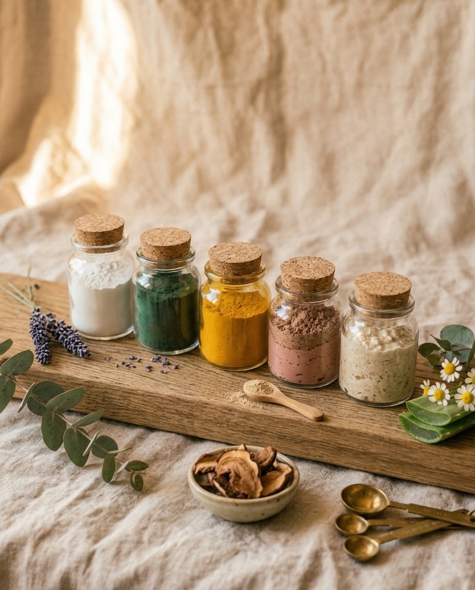 Masti de fata naturale preparate in borcane de sticla: miere si ovaz, argila verde, iaurt si turmeric