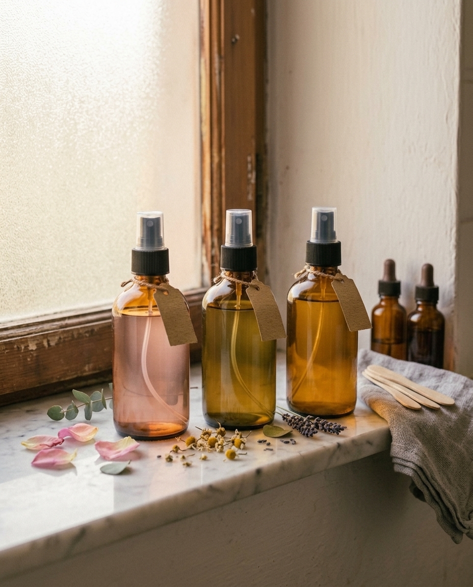 Tonere naturale in sticle cu pulverizator: infuzie de musetel, apa de trandafiri, otet de mere diluat