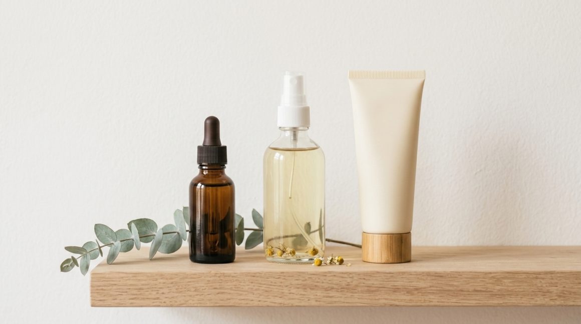 Raft minimalist cu 3 produse skincare naturale esentiale