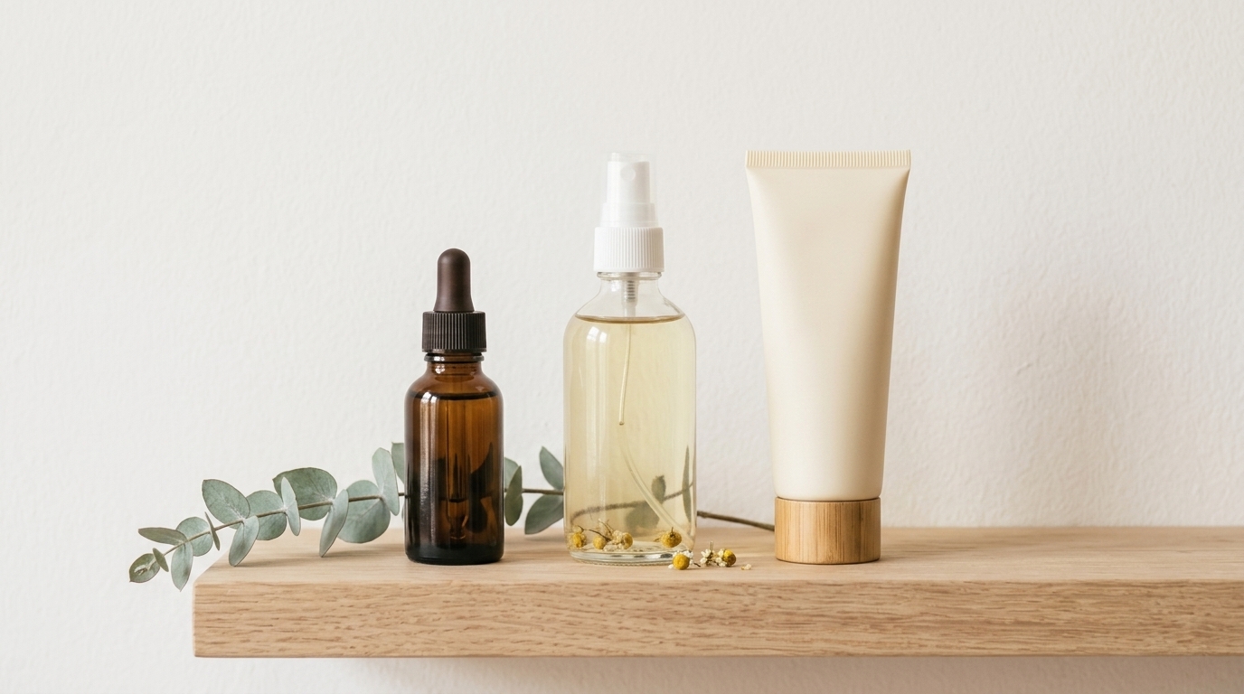 Raft minimalist cu 3 produse skincare naturale esentiale