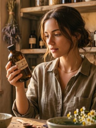 Femeie examinand eticheta unui produs cosmetic natural in magazin