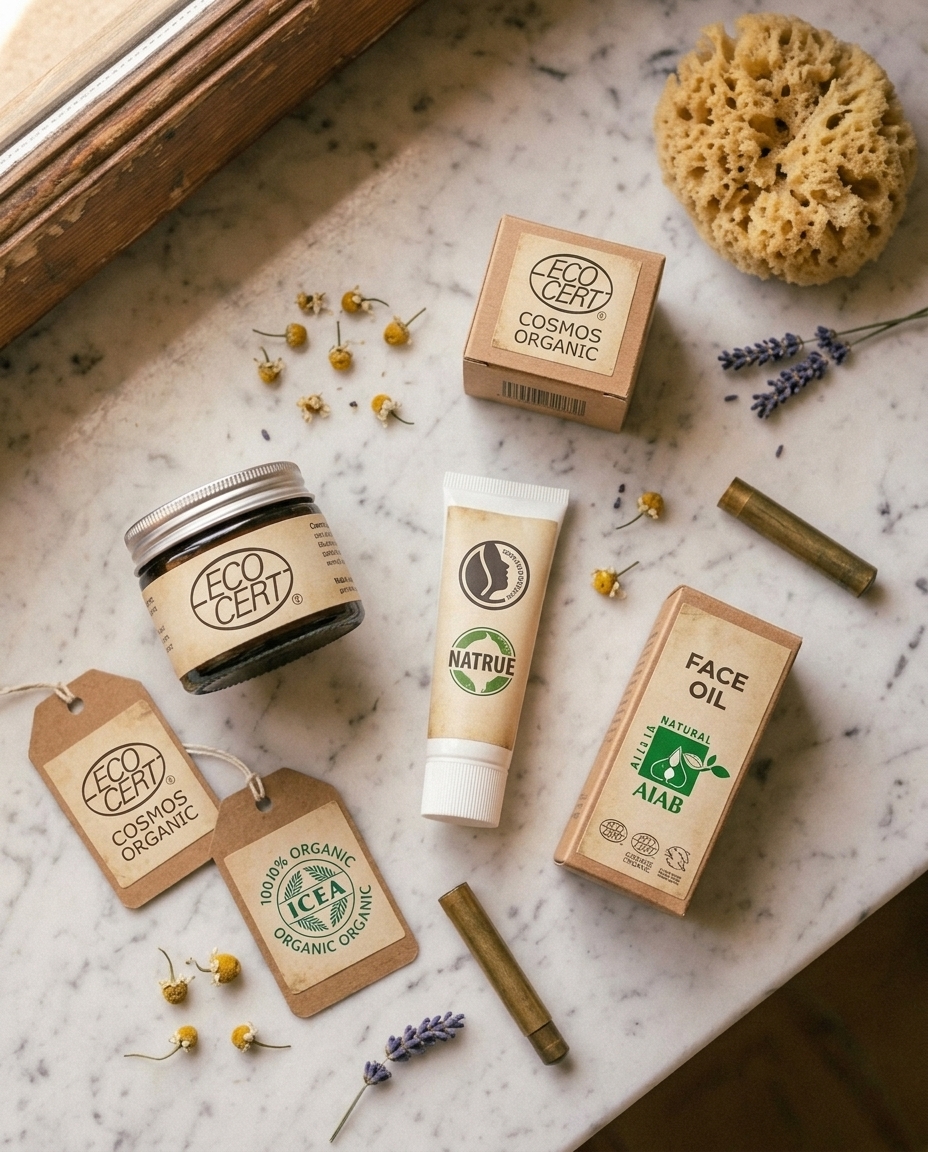 Logo-uri certificari cosmetice naturale: ECOCERT, COSMOS, NATRUE, BDIH comparate vizual