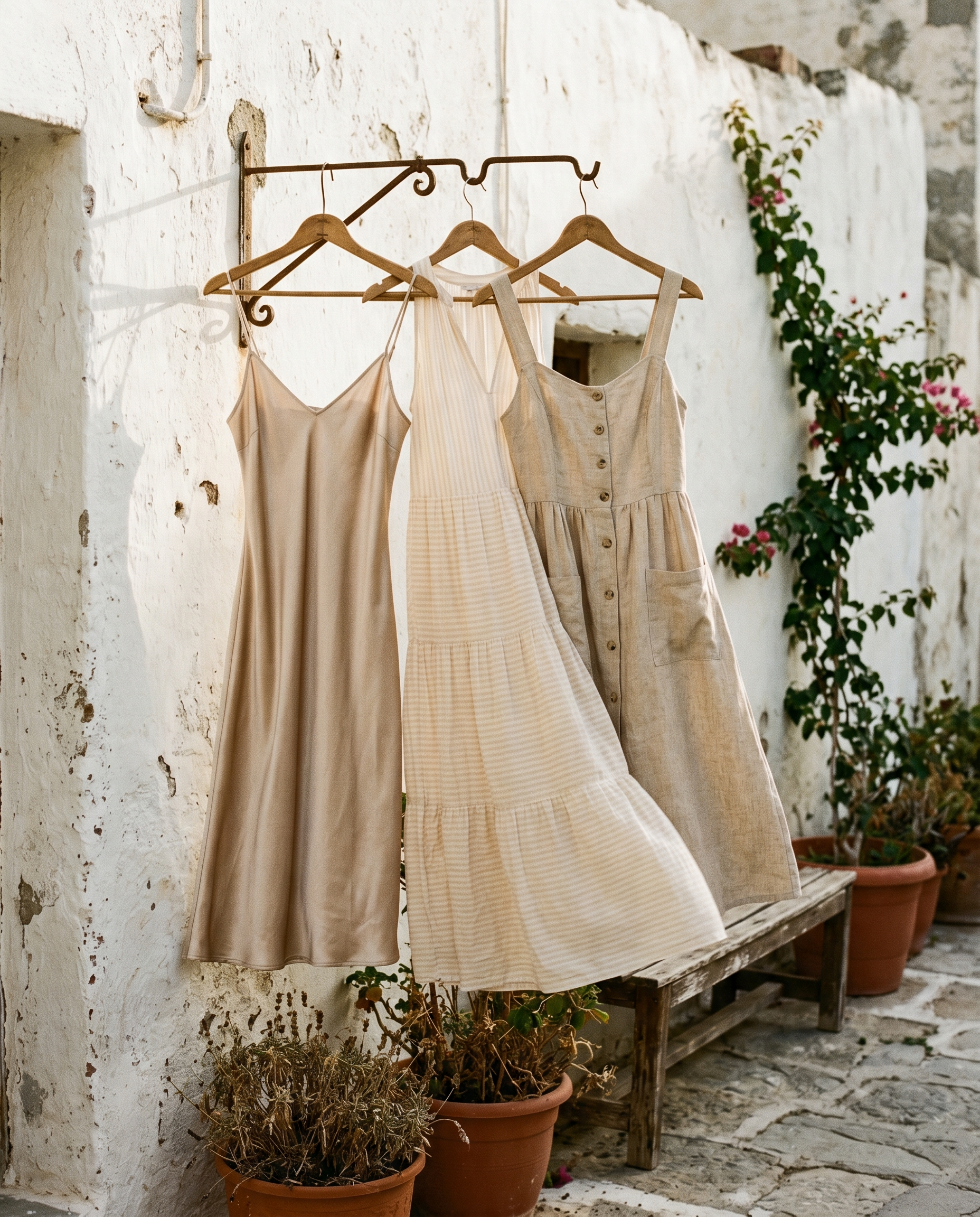 Trei rochii vaporoase de vară pe umerașe vintage de lemn — slip dress din mătase, rochie maxi din bumbac voal, rochie în A din in — pe perete alb