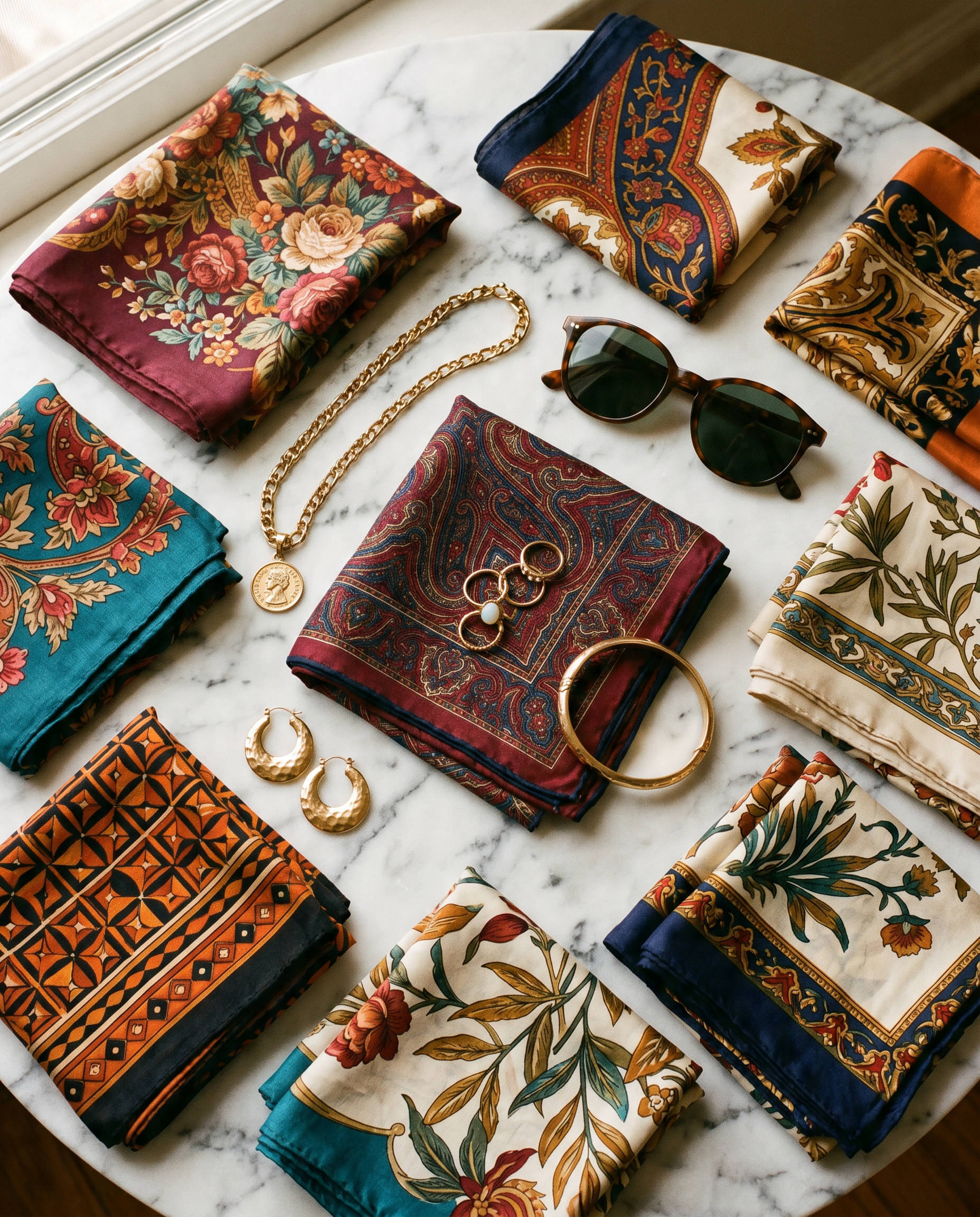 Colecție de eșarfe vintage din mătase cu diferite imprimeuri — floral, paisley, geometric — aranjate pe suprafață de marmură cu ochelari de soare vintage
