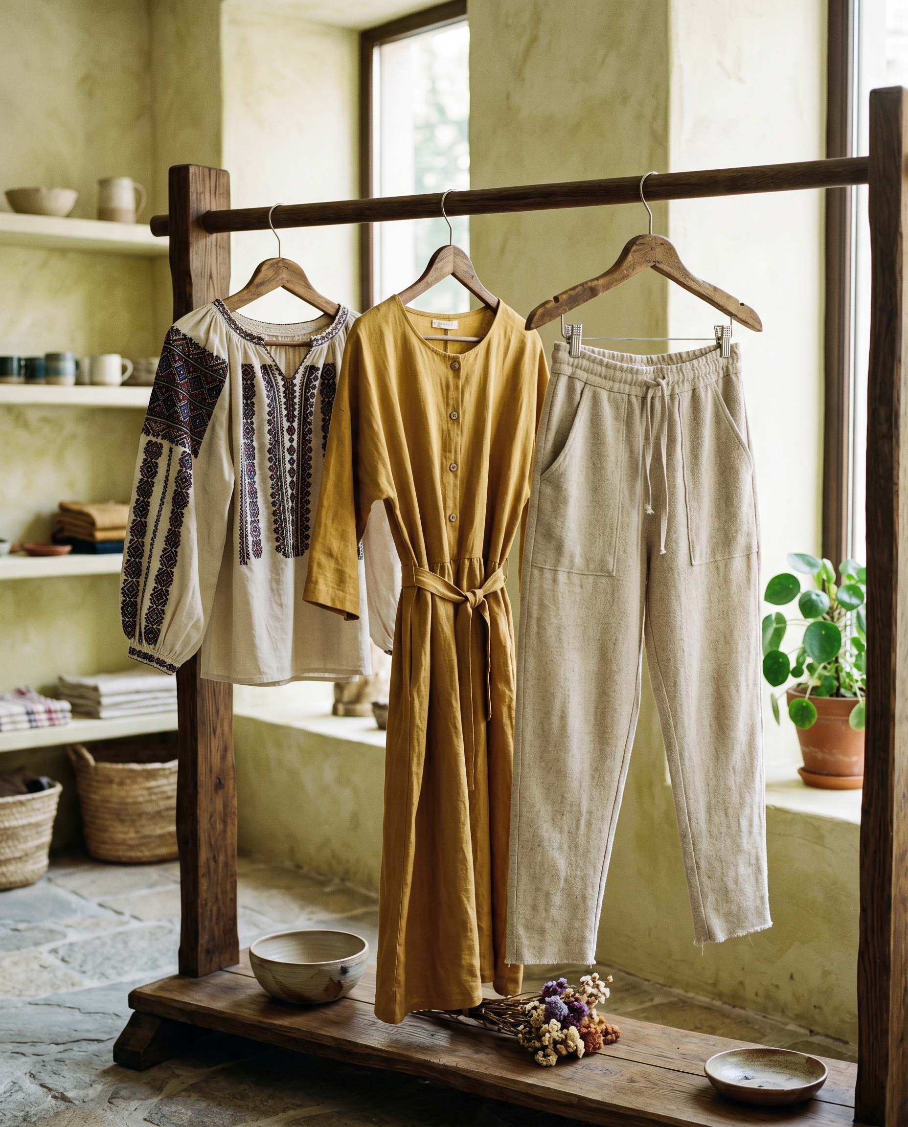 Piese de modă românească sustenabilă pe umerașe de lemn — rochie din in, bluză brodată, pantaloni din bumbac organic — într-un butic modern cu decor din materiale naturale