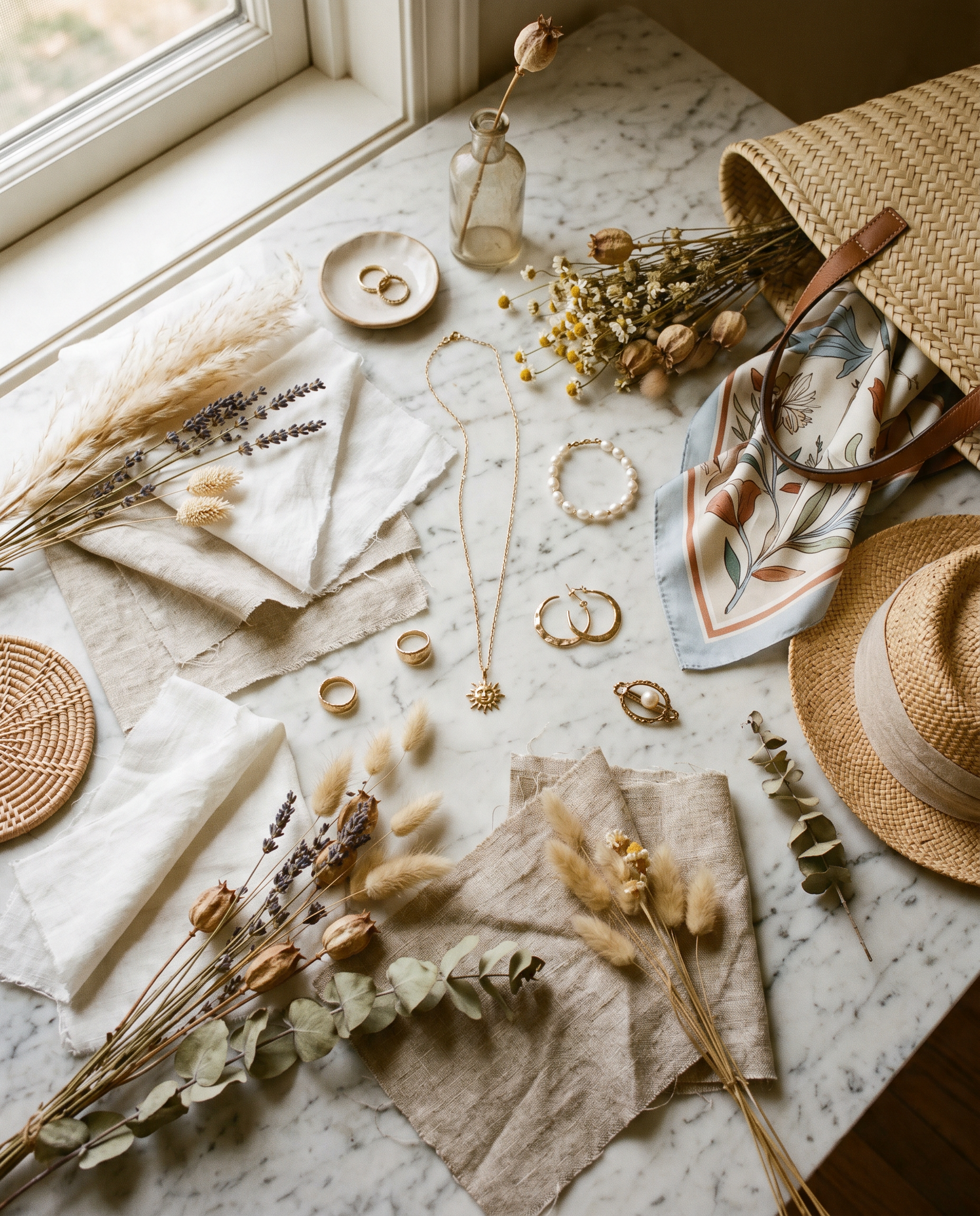 Mood board de vară 2026 cu mostre de in natural, flori uscate, eșarfă de mătase, accesorii din paie și paletă Cloud Dancer pe suprafață de marmură