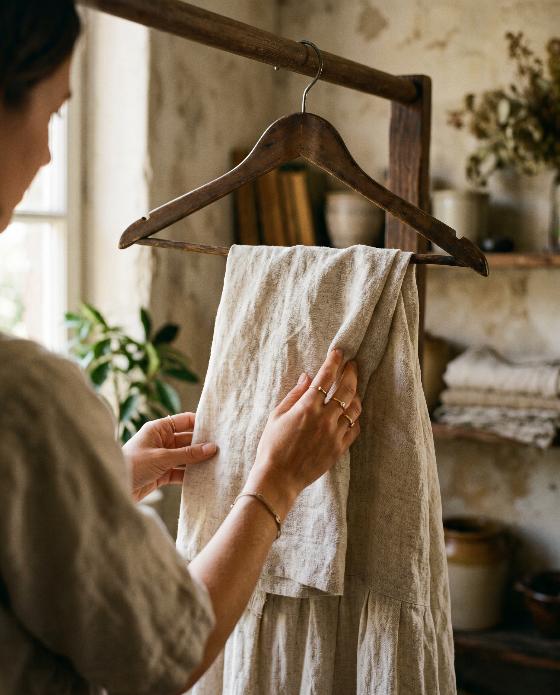Mâini de femeie atingând textura unei rochii din in pe umeras vintage de lemn, în lumină aurie naturală