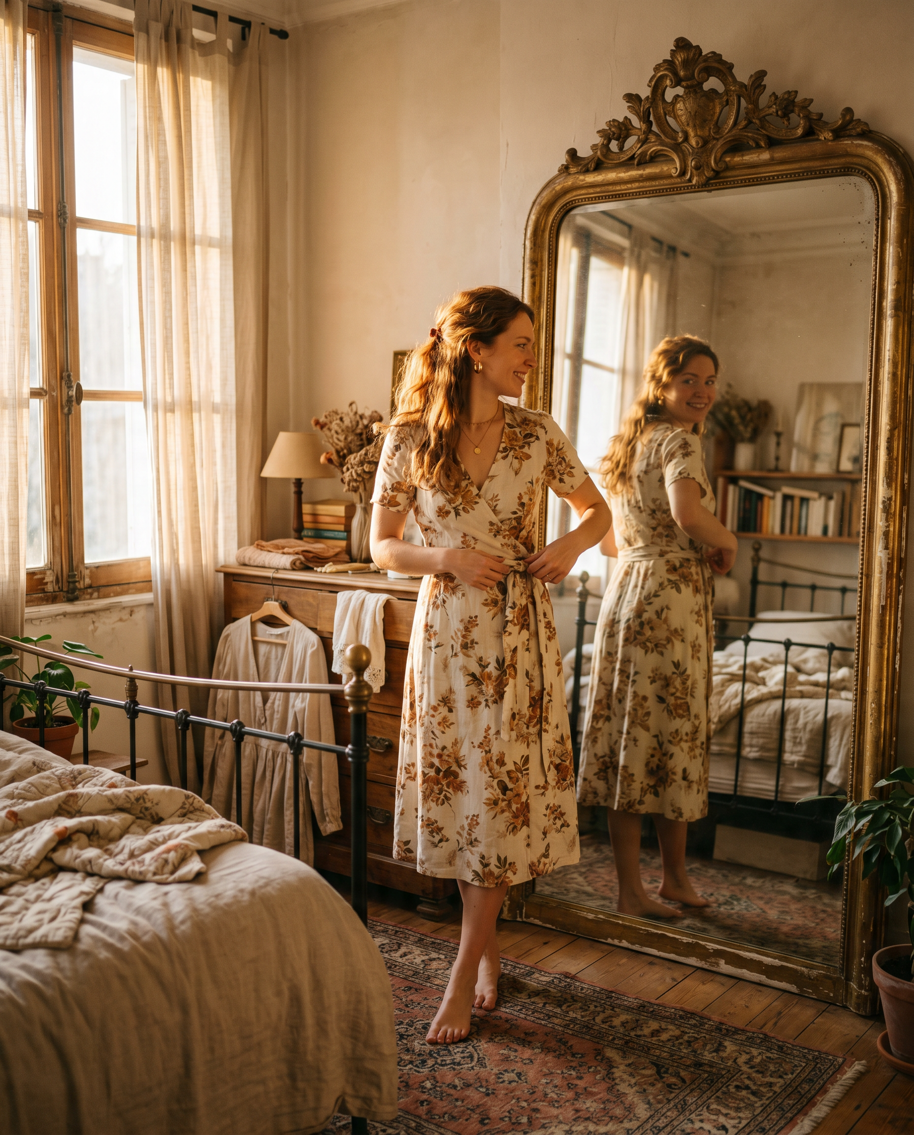 Femeie probând o rochie wrap în fața unei oglinzi vintage într-un dormitor luminat de soare, țesături naturale vizibile