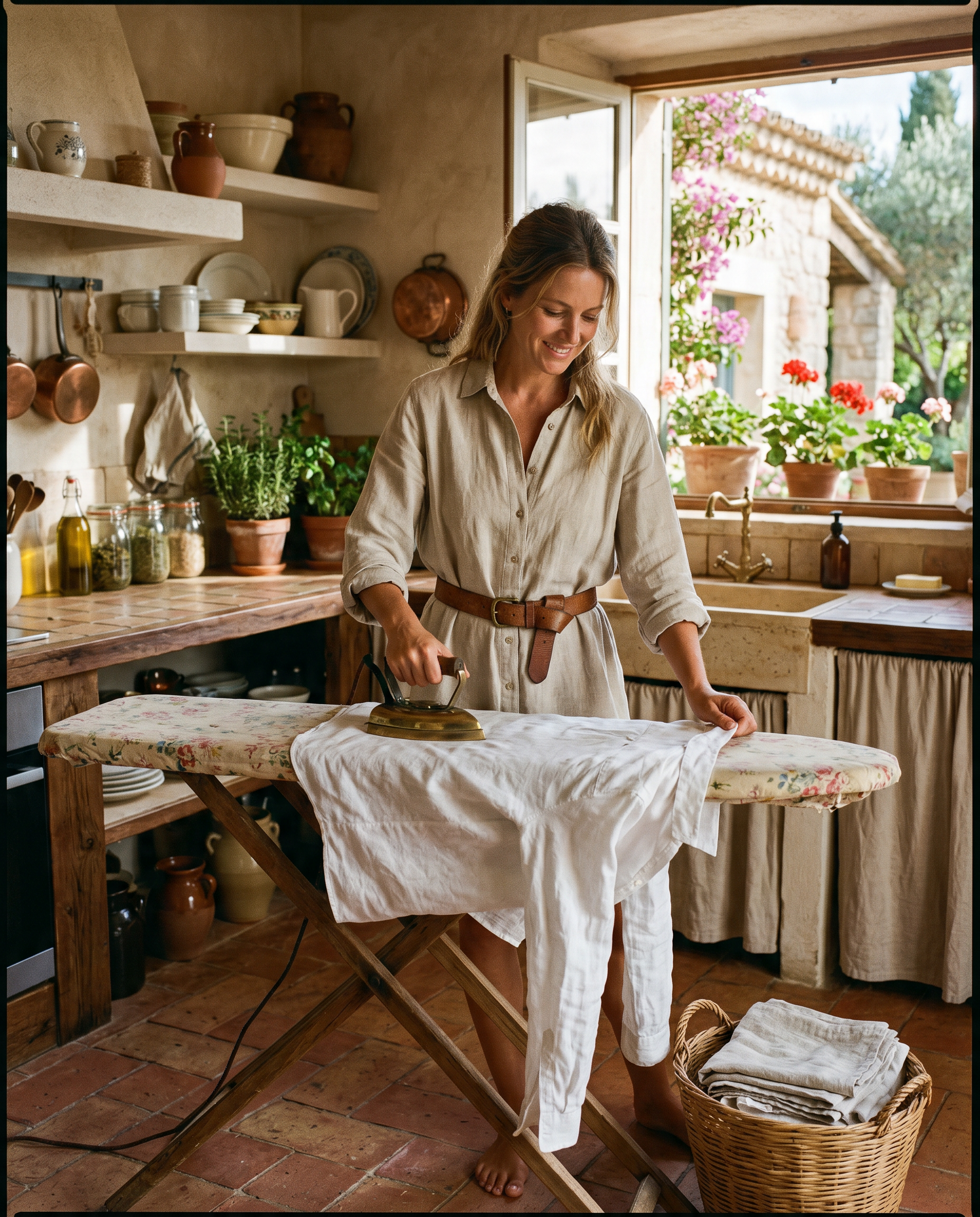 Femeie în rochie cămașă din in cu centură, călcând o haină din in pe masă de călcat vintage, bucătărie mediteraneană în fundal
