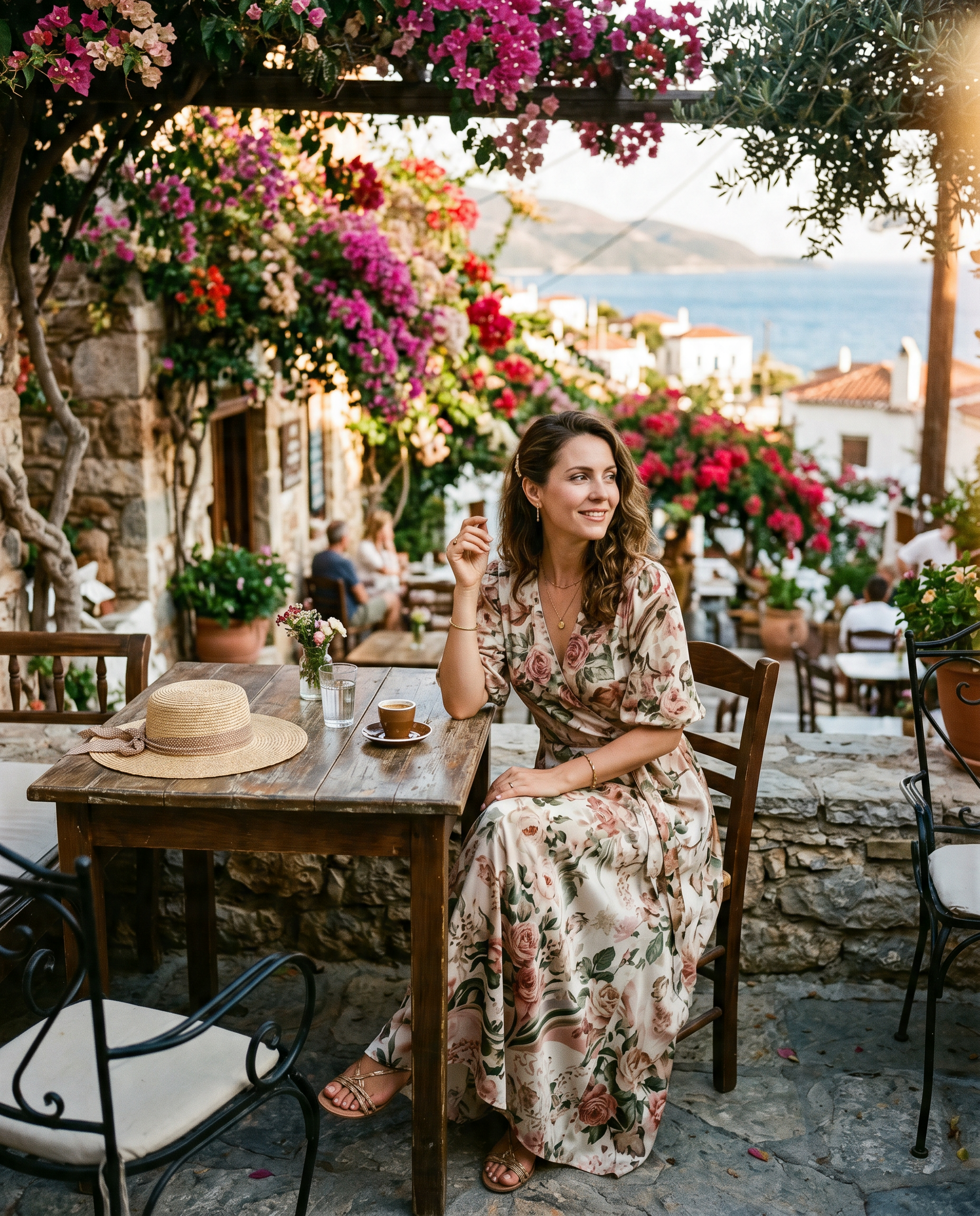 Femeie elegantă în rochie vaporoasă vintage la o cafenea în aer liber, pălărie de paie pe masă, ceașcă de espresso, decor mediteranean