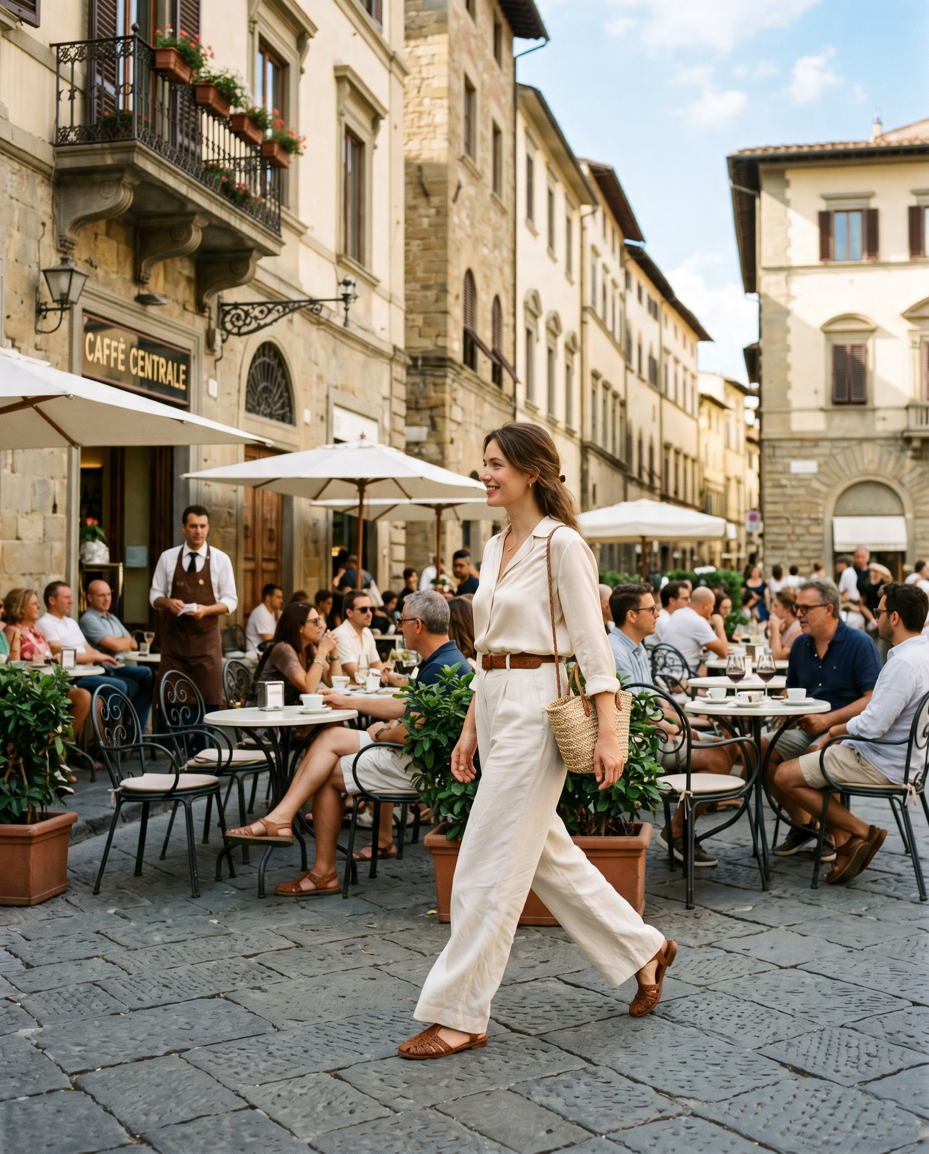 Femeie în ținută elegantă de inspirație vintage cu pantaloni din in și bluză de mătase, plimbându-se pe o piațetă italiană în lumină mediteraneană