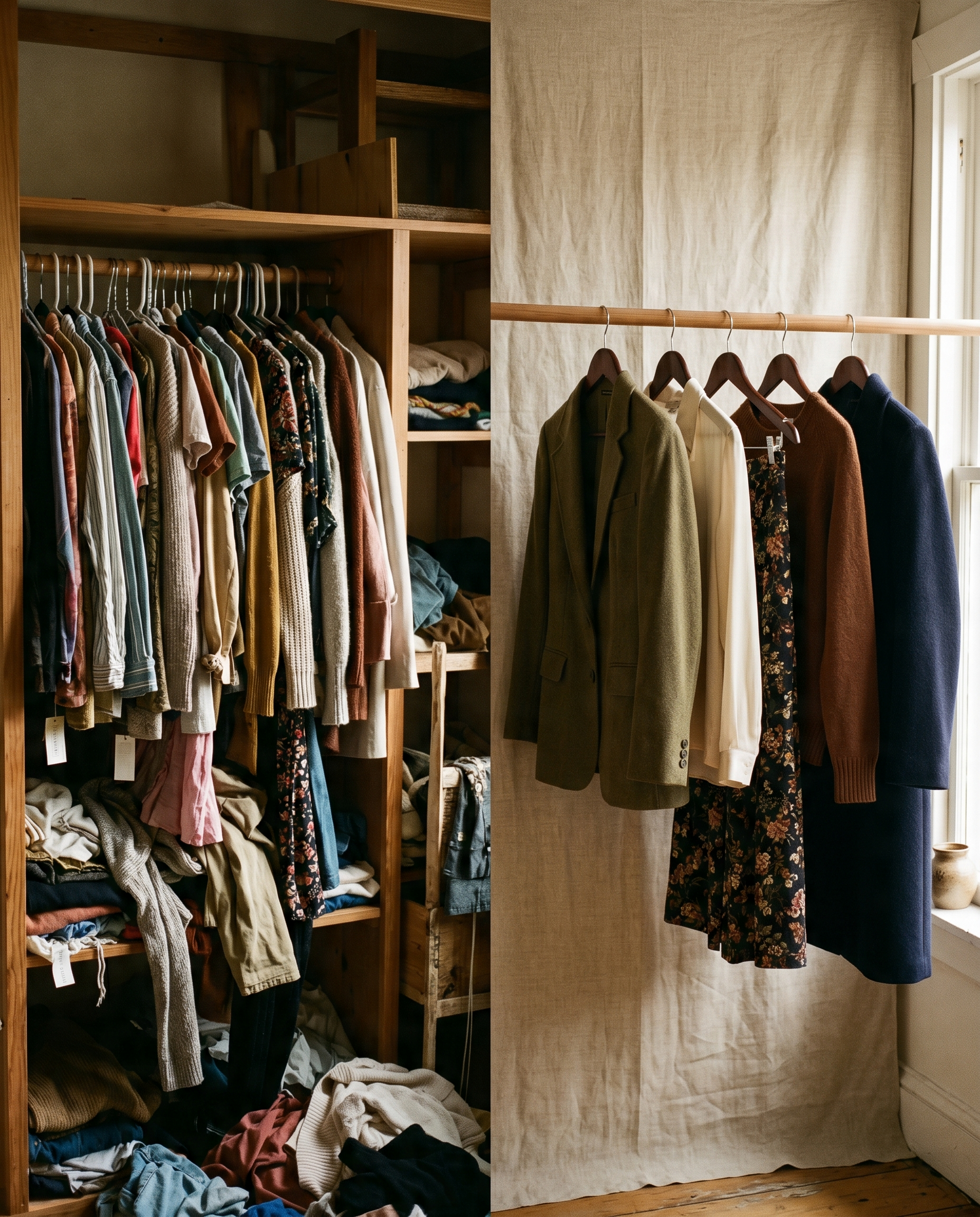 Concept de garderobă capsulă pentru vară: colecție minimală de cinci piese vintage pe umerașe de lemn pe fundal de in